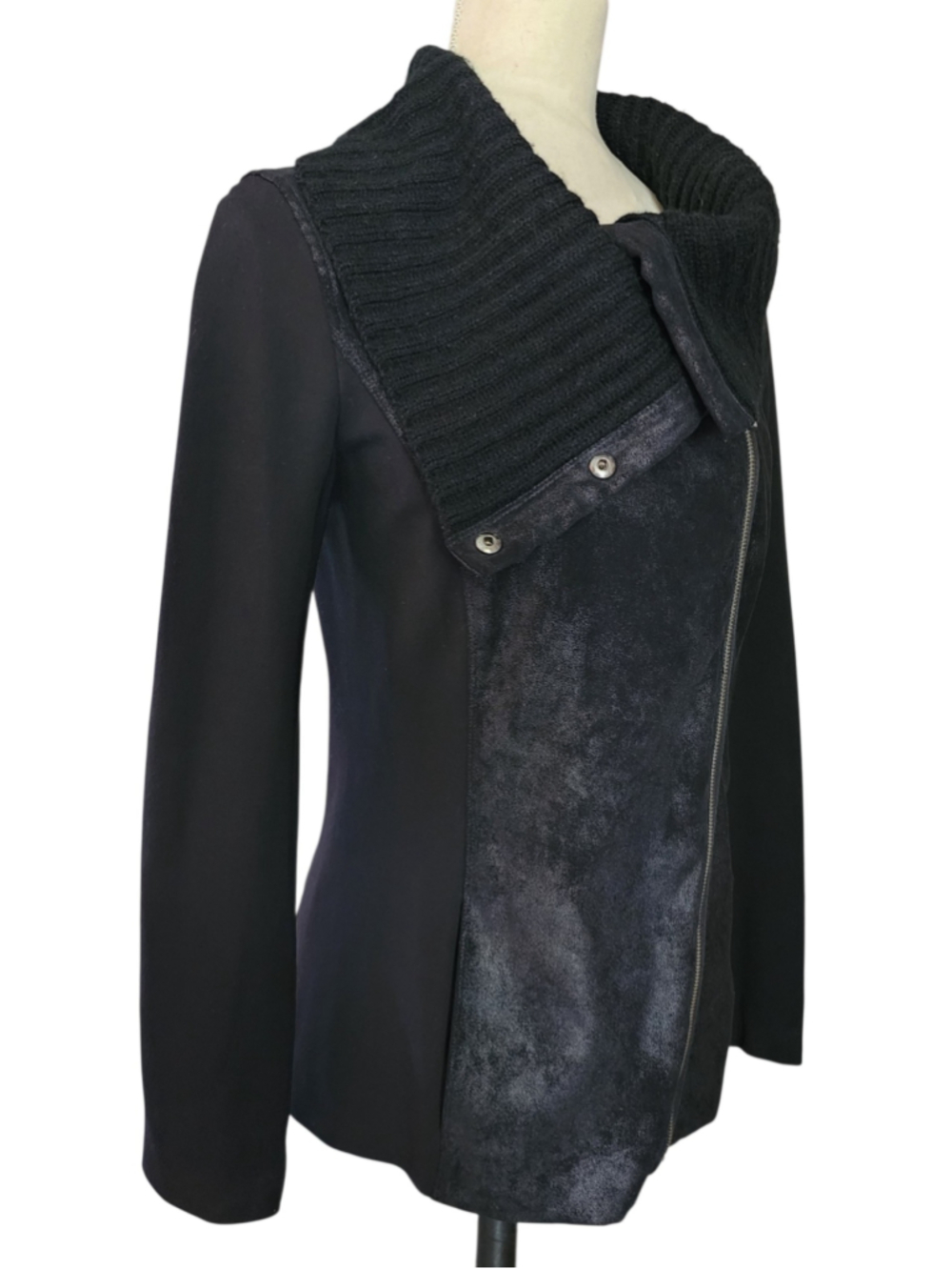 Armani Exchange Black Asymmetric Zip Jacket M Knit Cowl Faux Suede Leather Moto - Picture 3 of 14